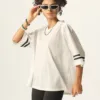 V-Neck Retro Hollow-Out Short Sleeve European-American Style Striped Color-Block T-Shirt  #DX8825
