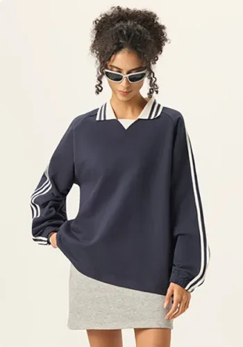 Color-Block Collegiate Style Striped and Solid Stand Collar Sweatshirt  #Y6308