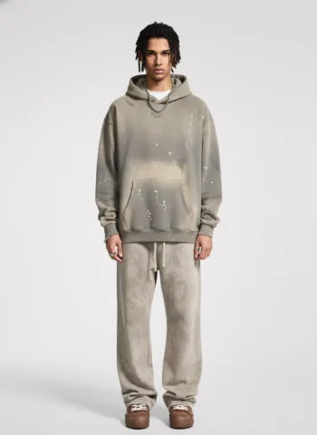 C-HL23819 Distressed Paint Splatter Fleece-Lined Hooded Sweatshirt