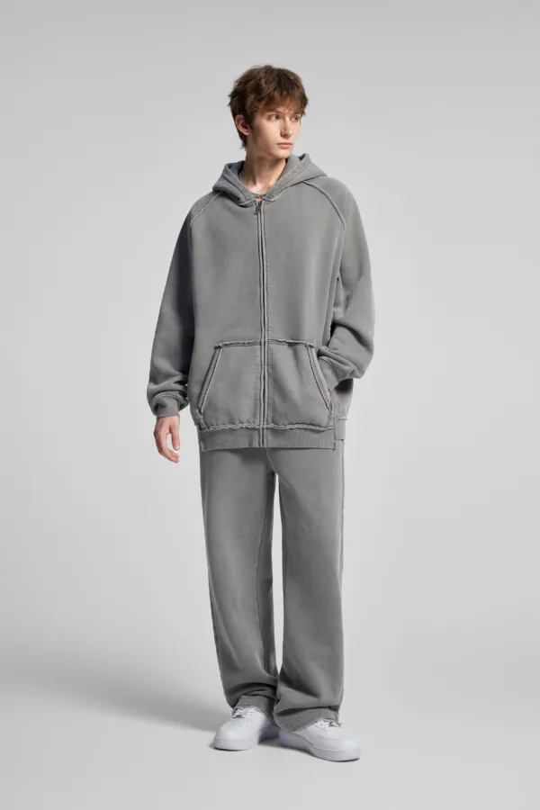 C-1305 + C-1306 Pigment Wash Stir-Fried Snowflake Vintage Distressed Fleece Hoodie Two-Piece Set