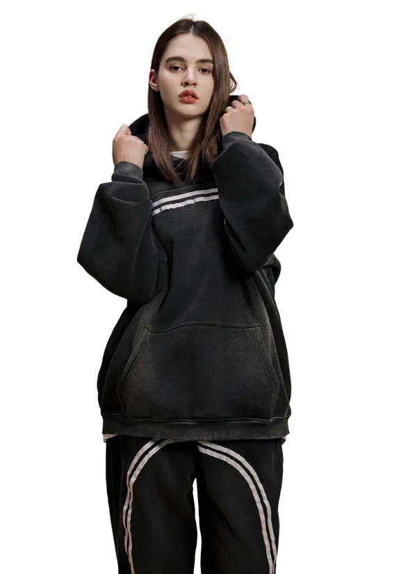 C-HL1221 Snow Wash Distressed Seam Colorblock Tape Fleece Hoodie