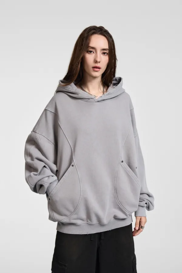 C-1255 Distressed Rivet Patchwork Pocket Hoodie