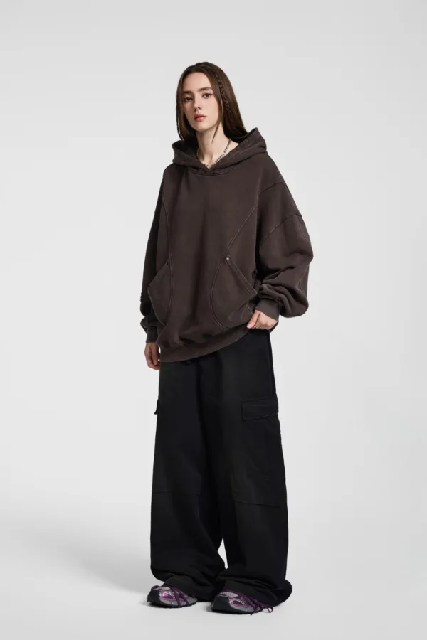 C-1255 Distressed Rivet Patchwork Pocket Hoodie