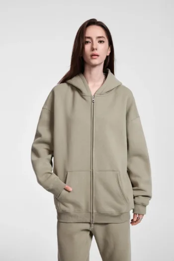 C-HL23805 Fleece-Lined Thickened Loose-Fit Zip-Up Hooded Sweatshirt