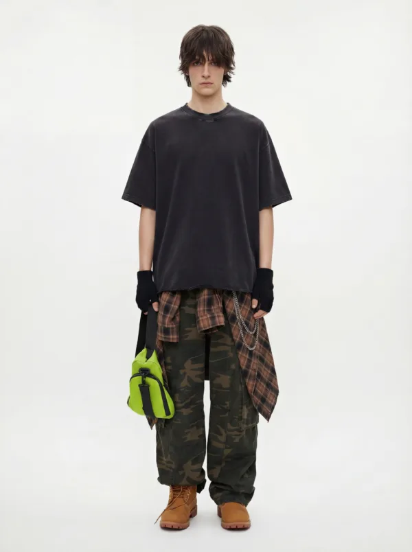 C-S26004 Distressed Raw Hem Washed Vintage T-Shirt