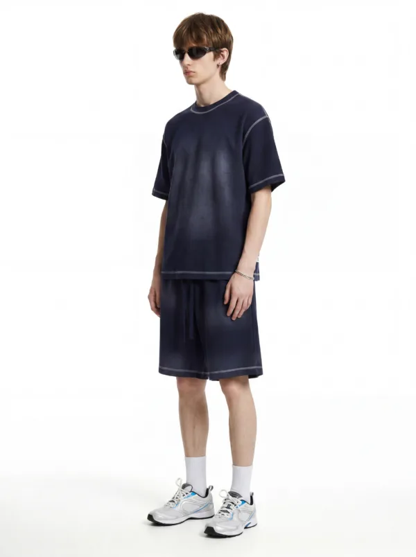 C-K1173 + C-K1174 Waffle Knit Contrast Topstitch Monkey Wash Fade Gradient Two-Piece Set