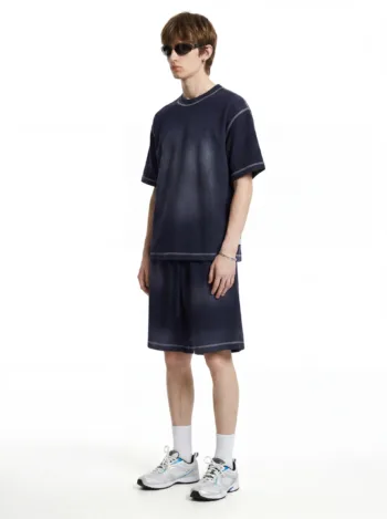 C-K1173 + C-K1174 Waffle Knit Contrast Topstitch Monkey Wash Fade Gradient Two-Piece Set
