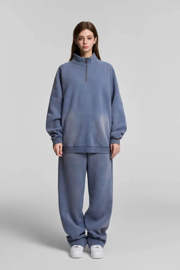 C-265 Fleece Lined Monkey Wash Half-Zip Stand-Up Collar Sweatshirt