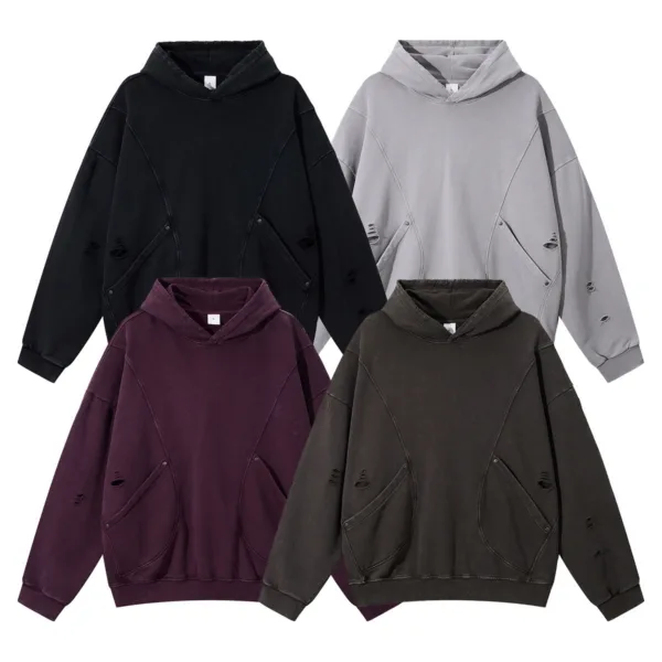 C-1255 Distressed Rivet Patchwork Pocket Hoodie