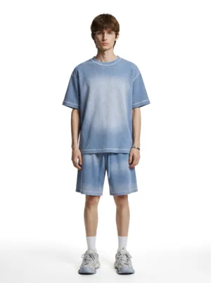 C-K1173 + C-K1174 Waffle Knit Contrast Topstitch Monkey Wash Fade Gradient Two-Piece Set