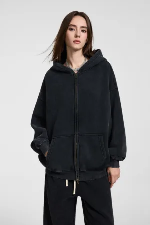 54c4a6f2 C-HL1216 Batik Washed Vintage Fleece Double-Zip Sweatshirt