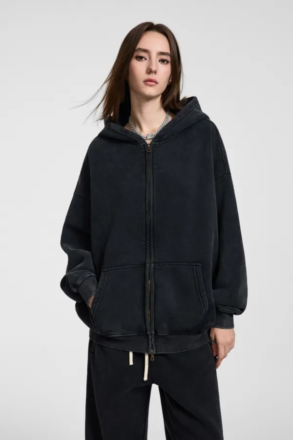 C-HL1216 Batik Washed Vintage Fleece Double-Zip Sweatshirt