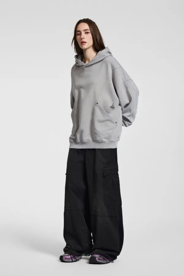 C-1255 Distressed Rivet Patchwork Pocket Hoodie