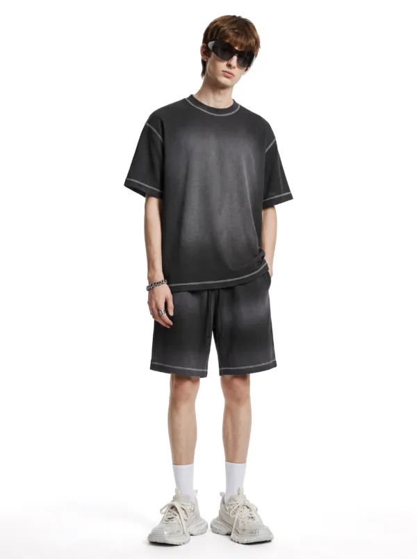 C-K1173 + C-K1174 Waffle Knit Contrast Topstitch Monkey Wash Fade Gradient Two-Piece Set