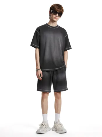 C-K1173 + C-K1174 Waffle Knit Contrast Topstitch Monkey Wash Fade Gradient Two-Piece Set