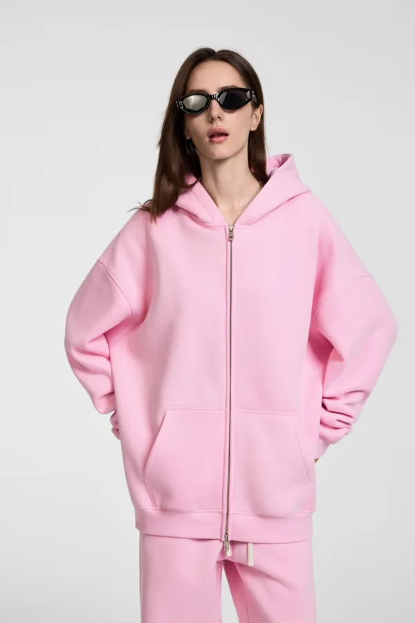 C-HL23805 Fleece-Lined Thickened Loose-Fit Zip-Up Hooded Sweatshirt