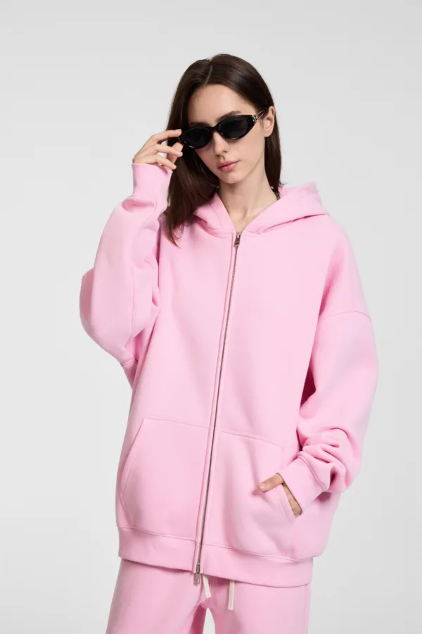 C-HL23805 Fleece-Lined Thickened Loose-Fit Zip-Up Hooded Sweatshirt