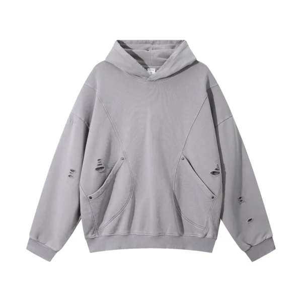 C-1255 Distressed Rivet Patchwork Pocket Hoodie