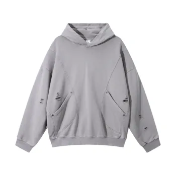 C-1255 Distressed Rivet Patchwork Pocket Hoodie