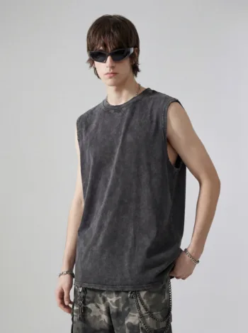 C-HL2424 Distressed Batik Raw Edge Tank Top 230GSM