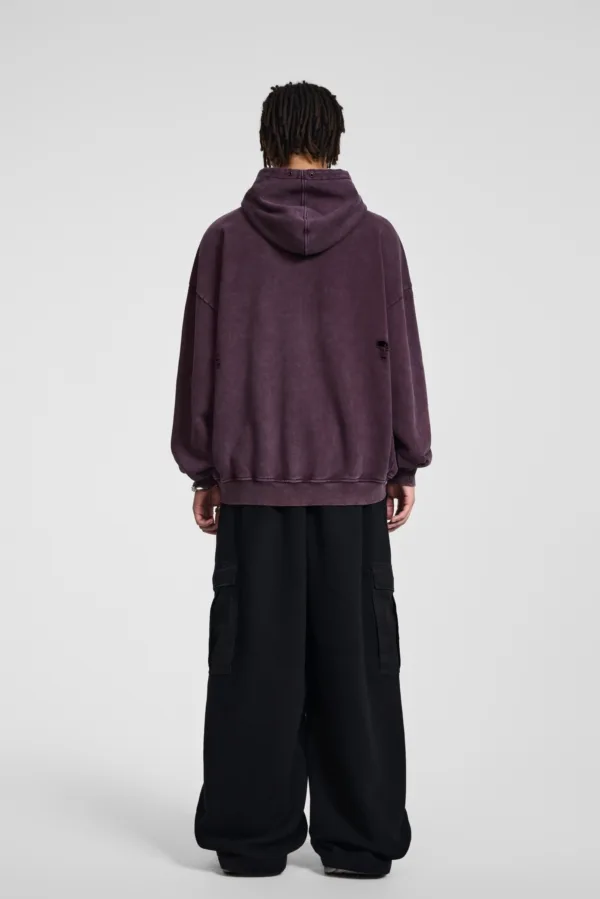 C-1255 Distressed Rivet Patchwork Pocket Hoodie