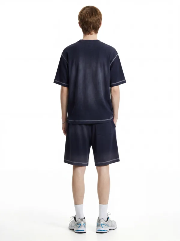 C-K1173 + C-K1174 Waffle Knit Contrast Topstitch Monkey Wash Fade Gradient Two-Piece Set