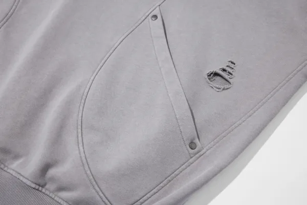C-1255 Distressed Rivet Patchwork Pocket Hoodie