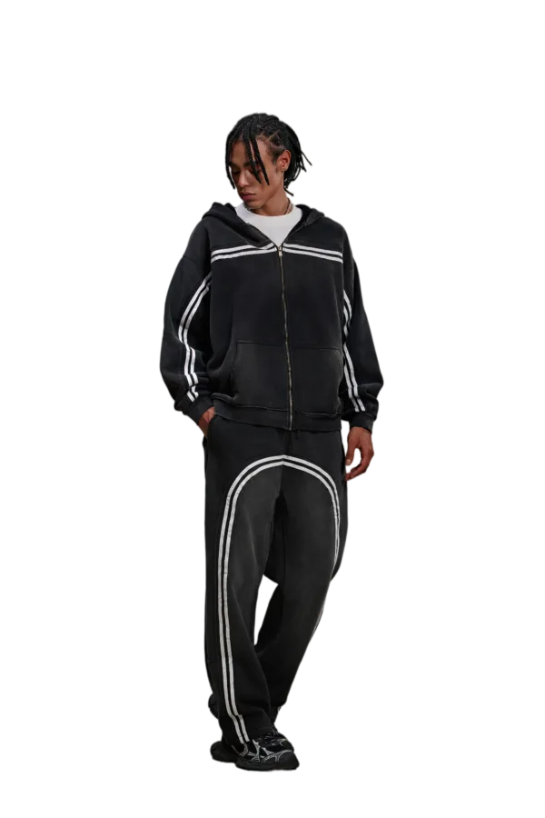 C-HL1227 Monkey Wash Color-Blocked Woven Tape Zip-Up Hoodie