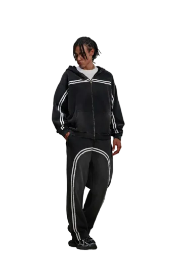 C-HL1227 Monkey Wash Color-Blocked Woven Tape Zip-Up Hoodie