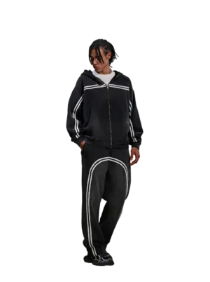 C-1227 + C-1228 Monkey Wash Color-Block Contrast Webbing Fleece Hoodie Two-Piece Set