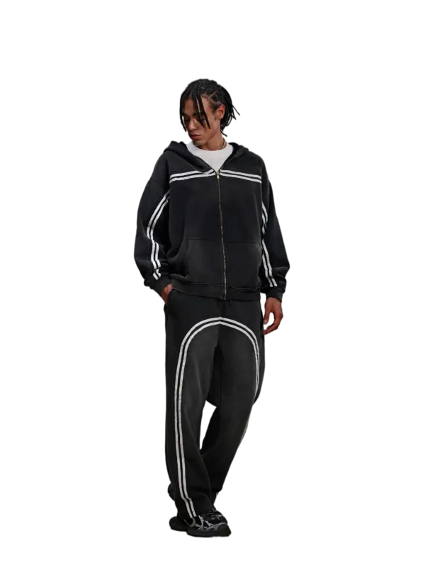 C-1227 + C-1228 Monkey Wash Color-Block Contrast Webbing Fleece Hoodie Two-Piece Set