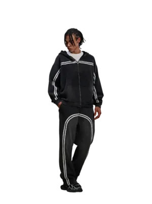 C-1227 + C-1228 Monkey Wash Color-Block Contrast Webbing Fleece Hoodie Two-Piece Set