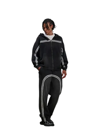 C-1227 + C-1228 Monkey Wash Color-Block Contrast Webbing Fleece Hoodie Two-Piece Set