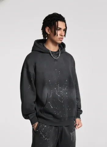 C-HL23819 Distressed Paint Splatter Fleece-Lined Hooded Sweatshirt