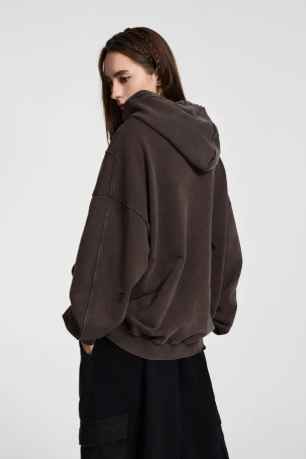 C-1255 Distressed Rivet Patchwork Pocket Hoodie