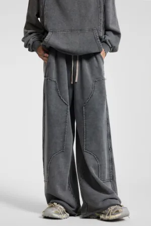 8760508b C-1258 High Street Spliced Raw Hem Washed Leisure Pants