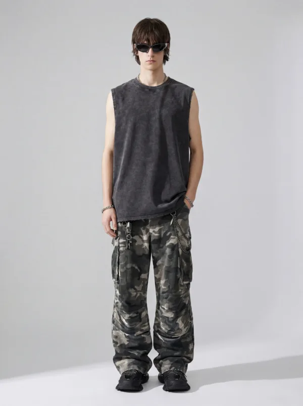 C-HL2424 Distressed Batik Raw Edge Tank Top