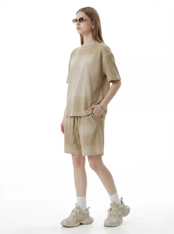 C-K1173 + C-K1174 Waffle Knit Contrast Topstitch Monkey Wash Fade Gradient Two-Piece Set