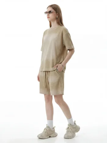 C-K1173 + C-K1174 Waffle Knit Contrast Topstitch Monkey Wash Fade Gradient Two-Piece Set