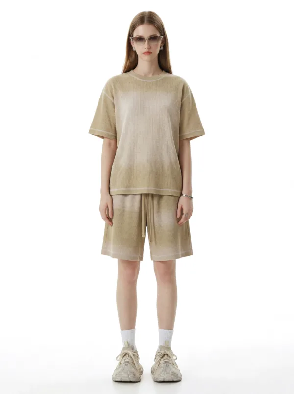 C-K1173 + C-K1174 Waffle Knit Contrast Topstitch Monkey Wash Fade Gradient Two-Piece Set