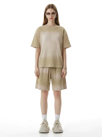 C-K1173 + C-K1174 Waffle Knit Contrast Topstitch Monkey Wash Fade Gradient Two-Piece Set
