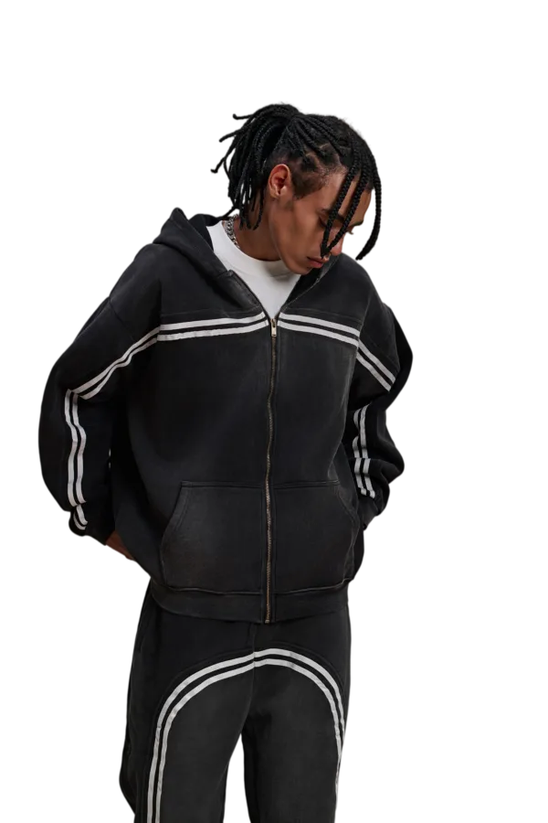 C-HL1227 Monkey Wash Color-Blocked Woven Tape Zip-Up Hoodie