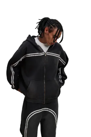 C-HL1227 Monkey Wash Color-Blocked Woven Tape Zip-Up Hoodie