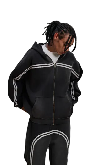 C-HL1227 Monkey Wash Color-Blocked Woven Tape Zip-Up Hoodie
