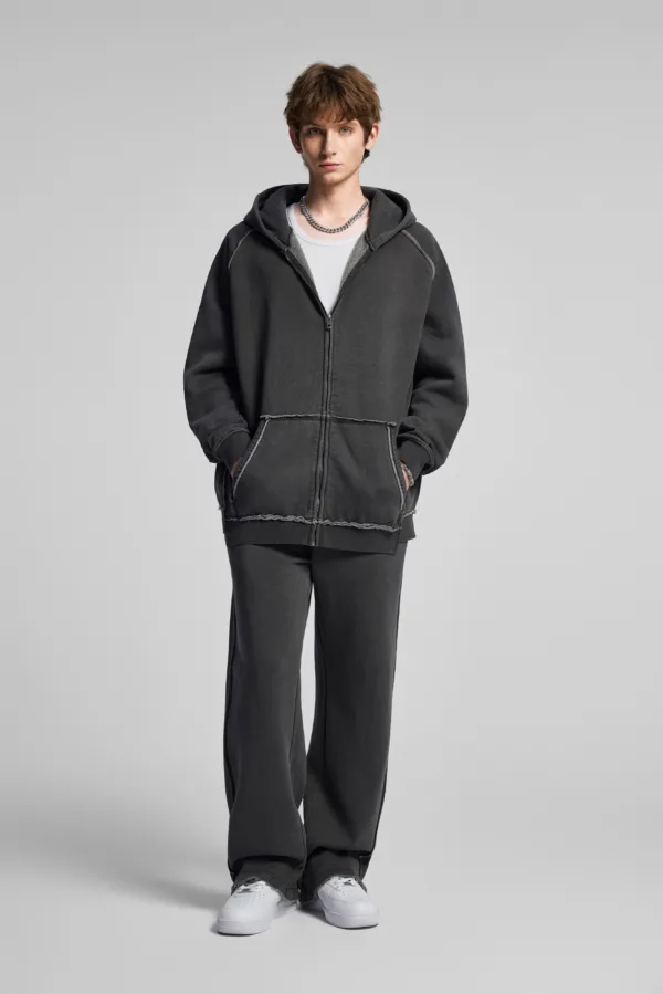 C-1305 + C-1306 Pigment Wash Stir-Fried Snowflake Vintage Distressed Fleece Hoodie Two-Piece Set