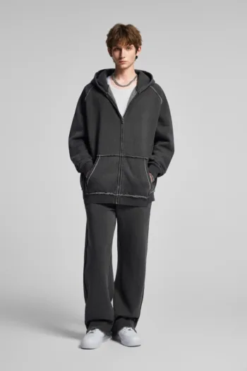 C-1305 + C-1306 Pigment Wash Stir-Fried Snowflake Vintage Distressed Fleece Hoodie Two-Piece Set