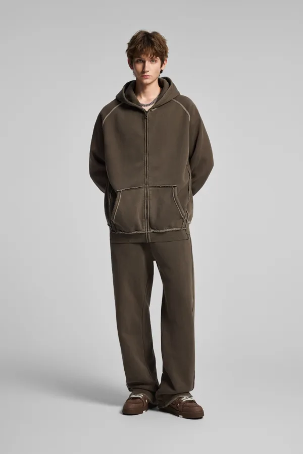 C-1305 + C-1306 Pigment Wash Stir-Fried Snowflake Vintage Distressed Fleece Hoodie Two-Piece Set