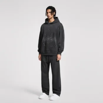 C-HL23819 Distressed Paint Splatter Fleece-Lined Hooded Sweatshirt