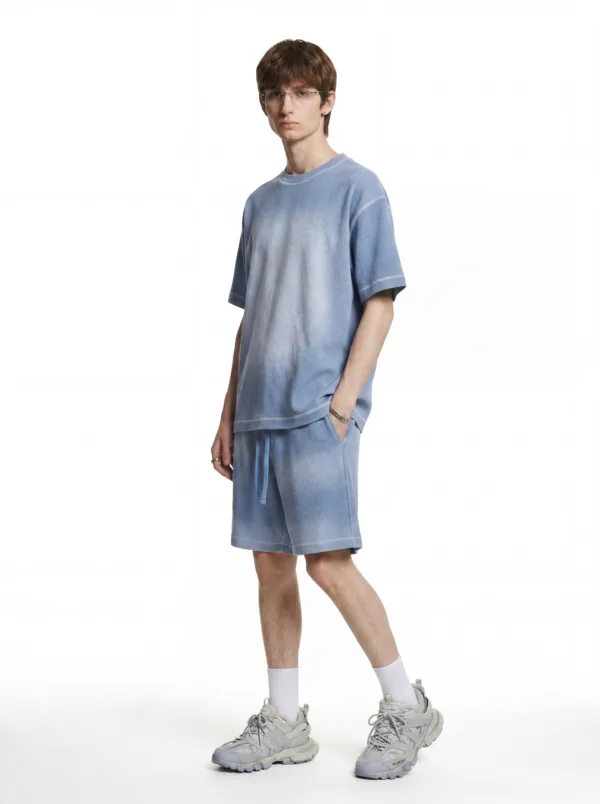 C-K1173 + C-K1174 Waffle Knit Contrast Topstitch Monkey Wash Fade Gradient Two-Piece Set