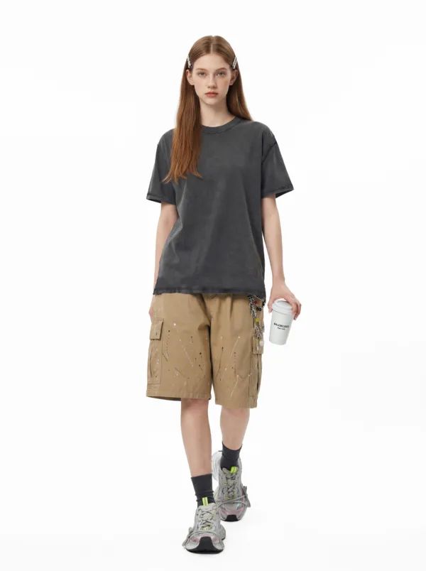 C-S26003 Snow Wash Embroidered Reverse Seam Pure Cotton T-Shirt